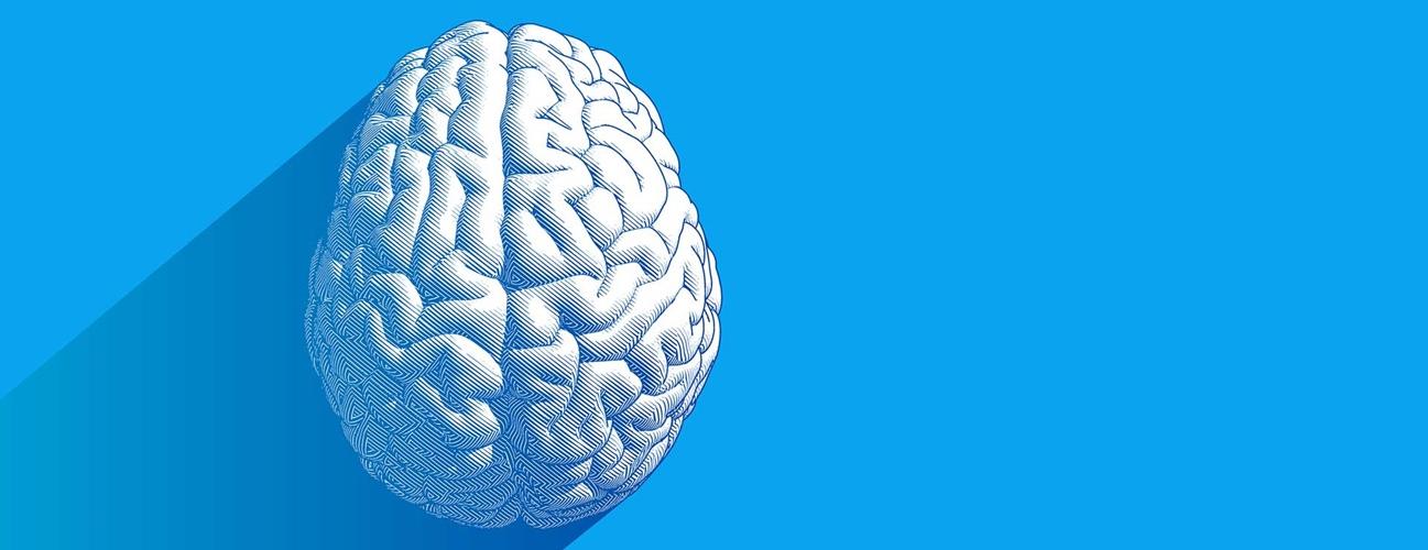 White illustration of a brain against a bright blue background.